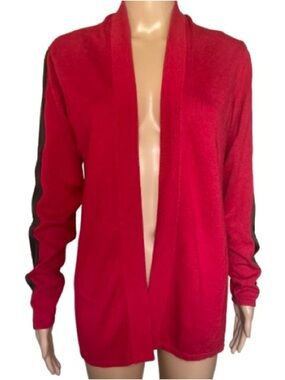 Bianca Nygard Red Open Front Knit Cardigan Faux Leather Stripe Sleeves M